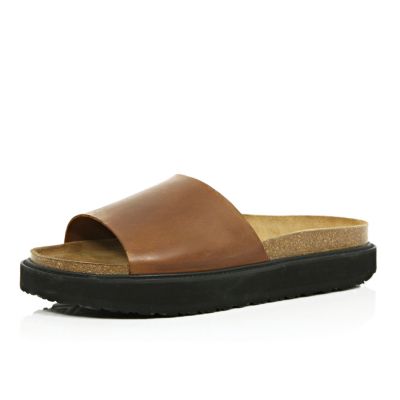 Brown leather chunky slide sandals
